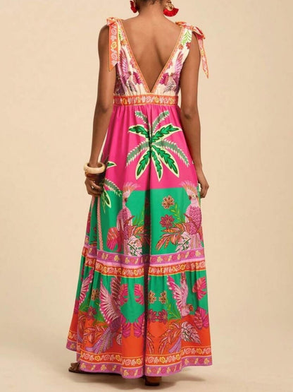 Tropical Print Tie-Shoulder Maxi Dress