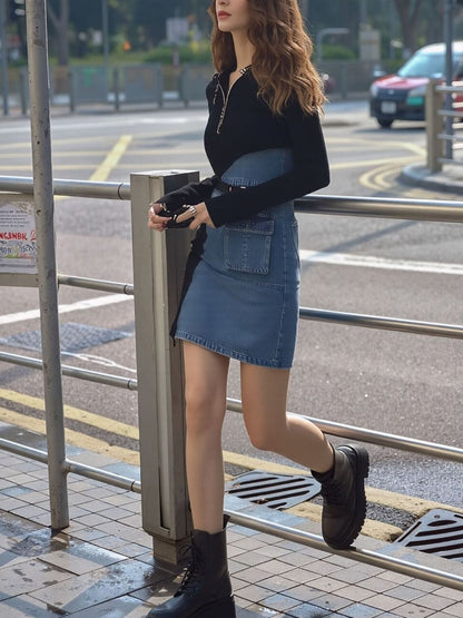 Full Size Color Block Denim Patchwork Mini Dress Plus Size