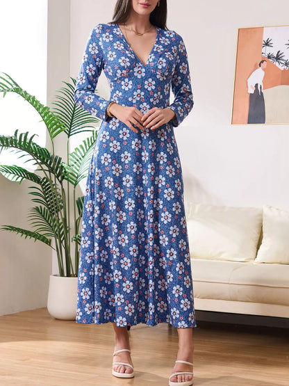 Floral Print V-Neck Long Sleeve Midi Dress