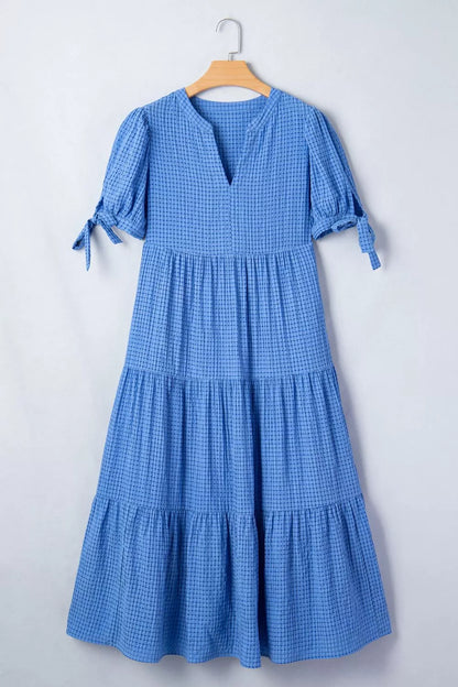Notched Short Sleeve Tiered Midi Dress