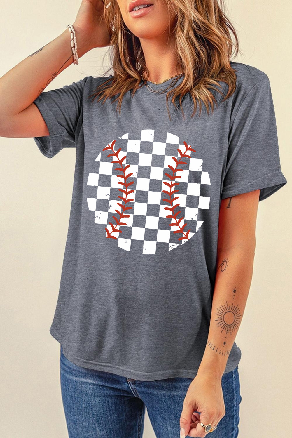 Checkered Graphic Round Neck Short Sleeve T-Shirt - Lojy Shop