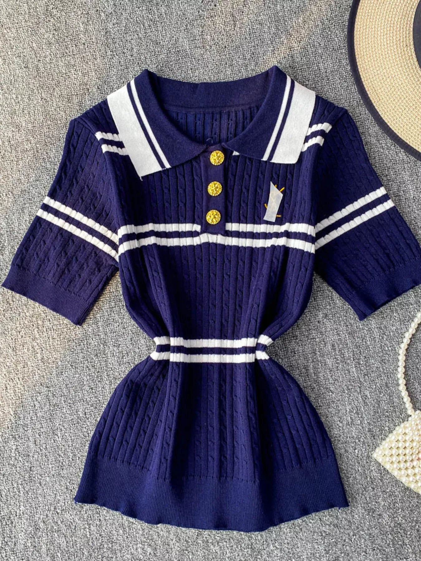 Striped Knit Polo Collar Top