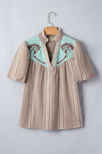 Western Pony Embroidered Yoke Puff Sleeve Gingham Blouse