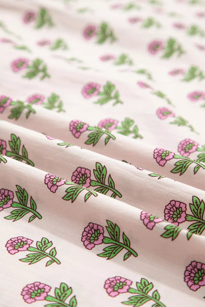 Floral Print V Neck Scallop Trim Button Front Short Sleeve Dress