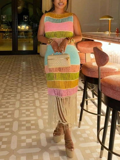 Fringe Crochet Knit Color Block Maxi Dress