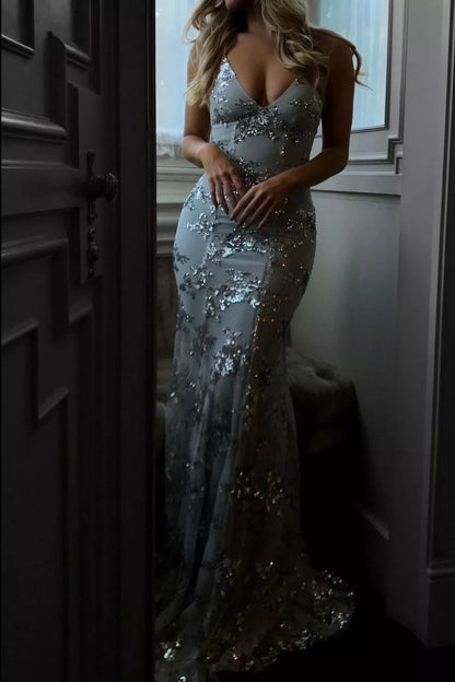 Full Size Sequin Tie Back V-Neck Maxi Dress Plus Size