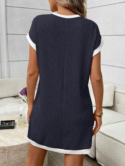 Contrast Trim Ribbed Knit Mini Dress with Pocket