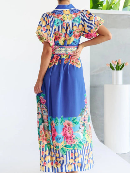 Printed Button Front Puff Sleeve Maxi Dress