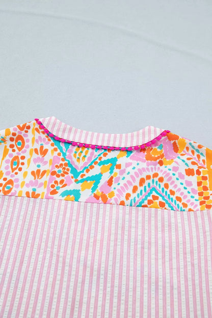 Mixed Print Contrast Trim Striped Patchwork Tiered Short Sleeve Blouse