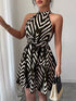 Zebra Print Halter Neck Tie Waist Ruffle Hem Dress