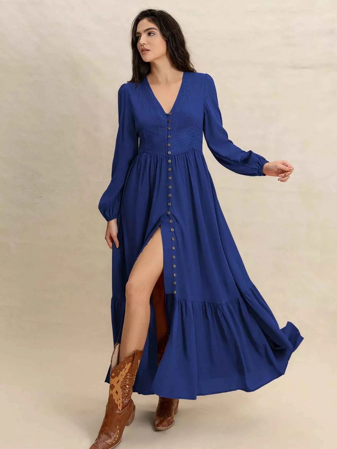 Plus Size Slit V-Neck Long Sleeve Maxi Dress