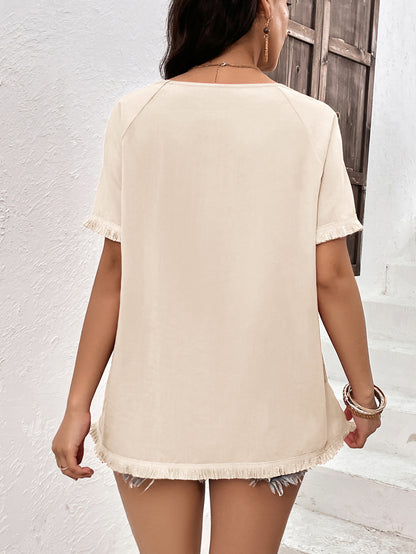 Ivy Lane Round Neck Raglan Sleeve Fringe Detail Top