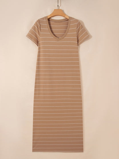 Stripe Short Sleeve Side Slit Maxi T Shirt Dress