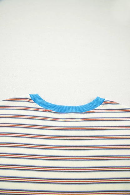 Stripe Drop Shoulder Cuffed Sleeve Loose Tunic T Shirt Mini Dress