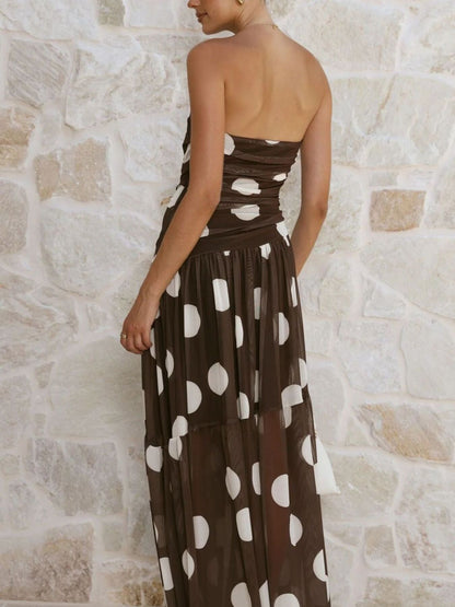Polka Dot Strapless Ruched Maxi Dress