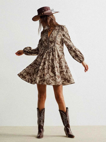 Plus Size Printed Notched Long Sleeve Dress