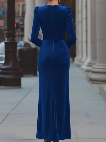 Velvet Ruched Slit Maxi Dress