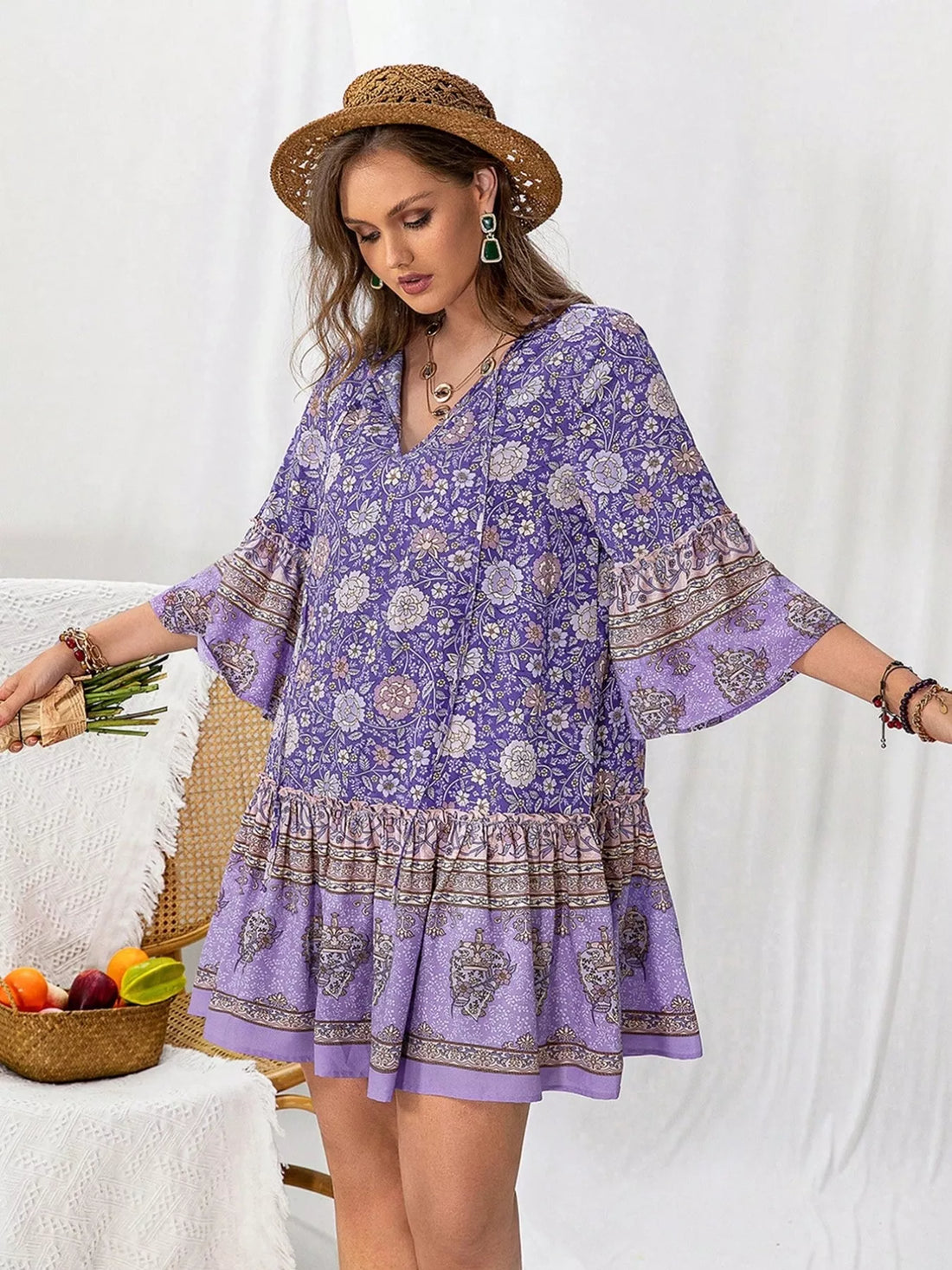 Plus Size Floral Print Ruffle Hem Mini Dress