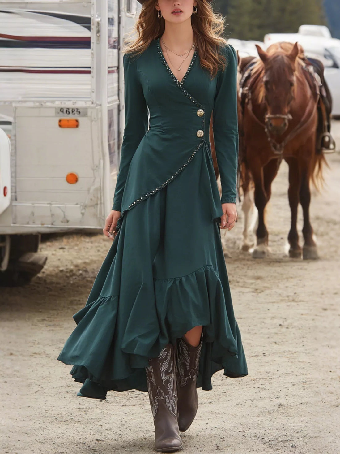 Ruffled Hem Surplice Long Sleeve Dress