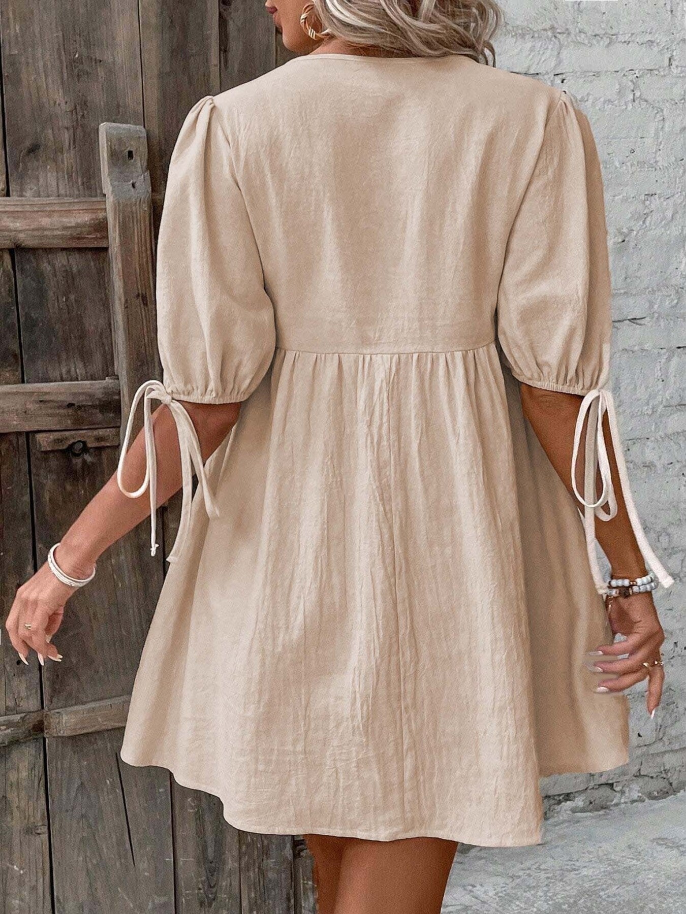 Tie Front Puff Sleeve Mini Dress