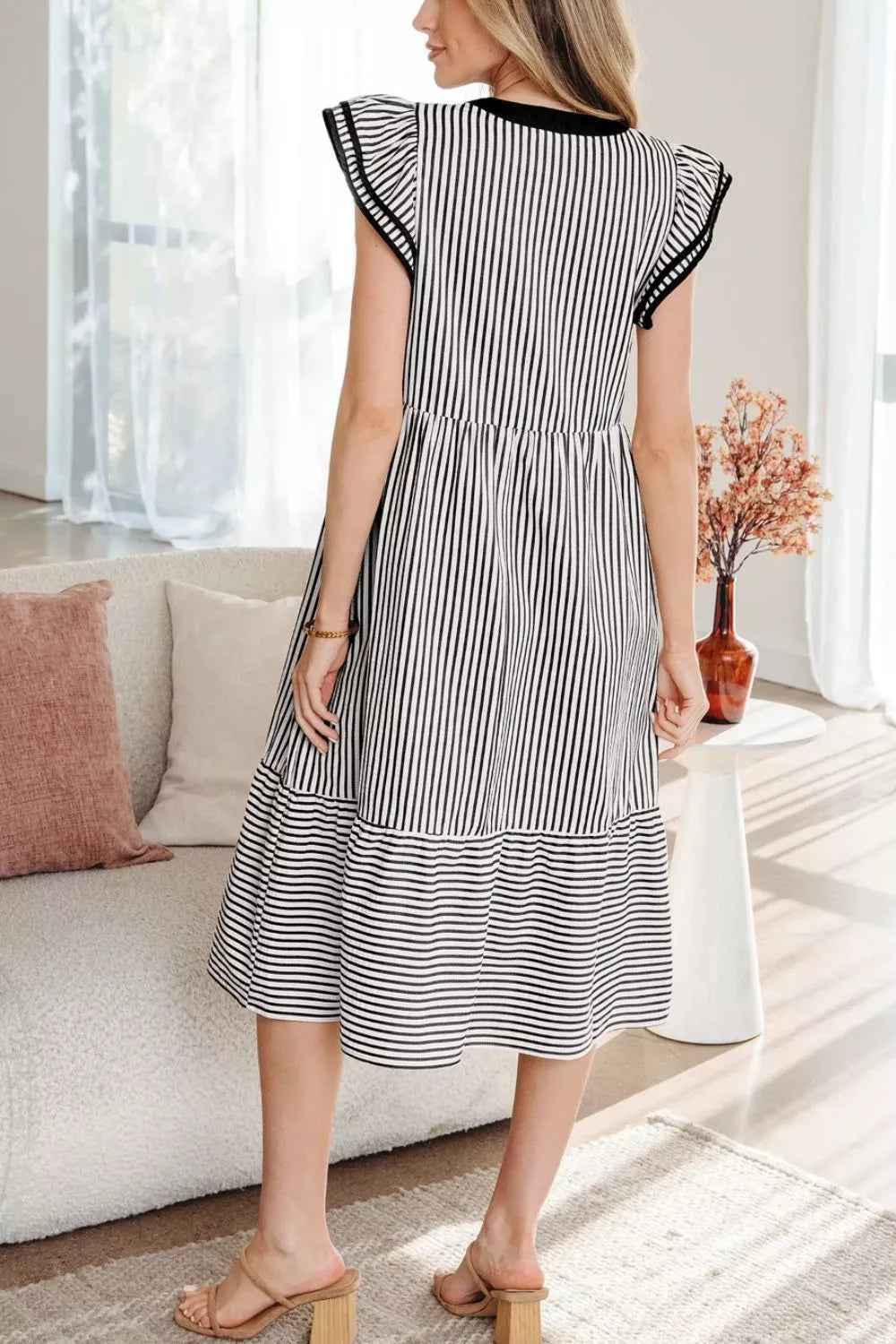 Striped Ruffle Sleeve Tiered Midi Dress