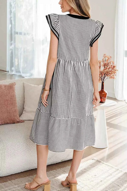 Striped Ruffle Sleeve Tiered Midi Dress