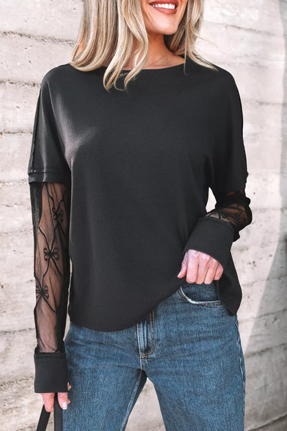 Round Neck Lace Sleeve Relaxed Fit Top