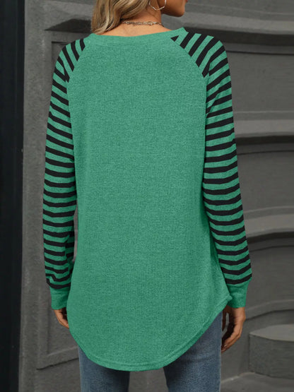 Striped Round Neck Raglan Sleeve T-Shirt