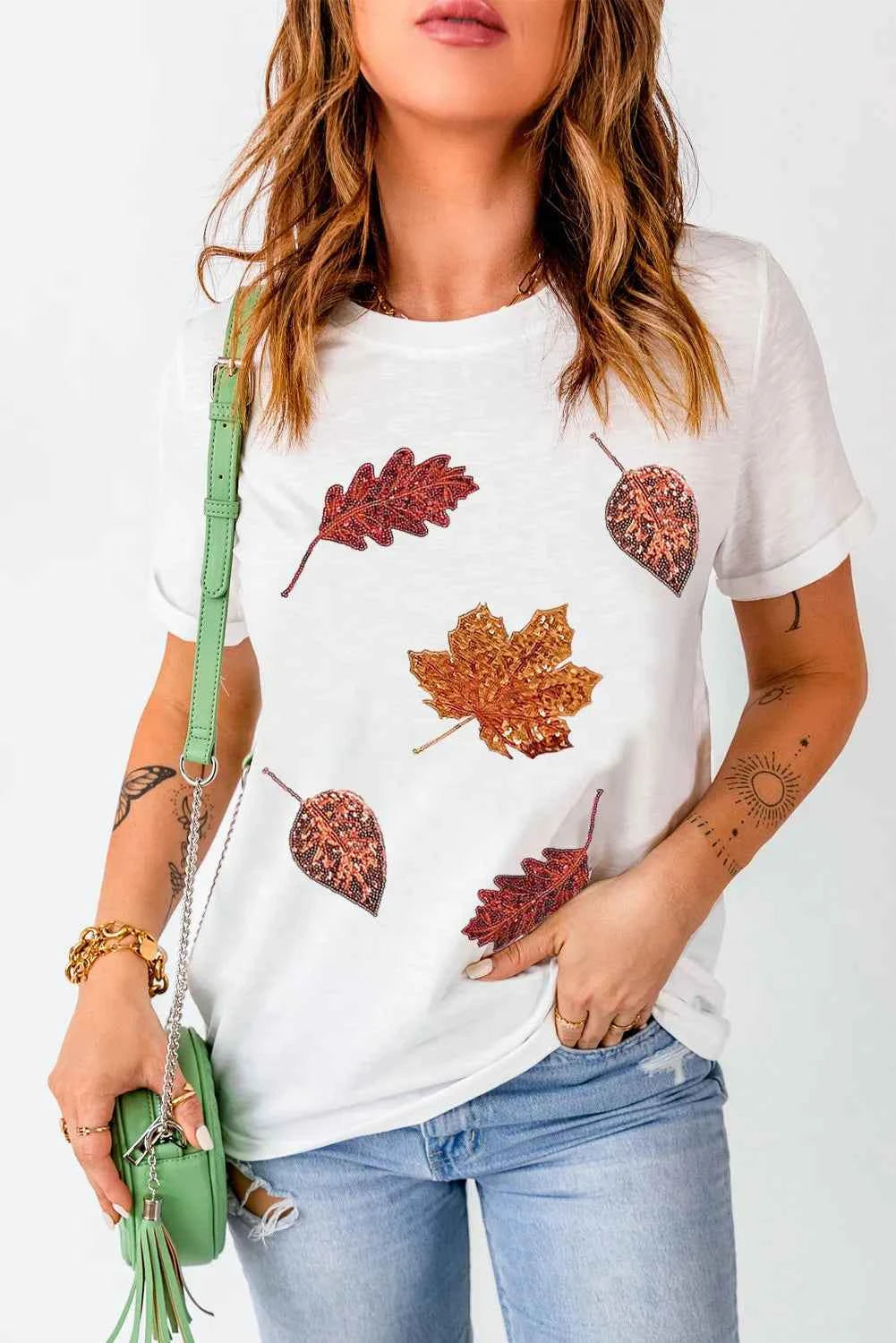Maple Leaf Round Neck Short Sleeve T Shirt Lojy Shop