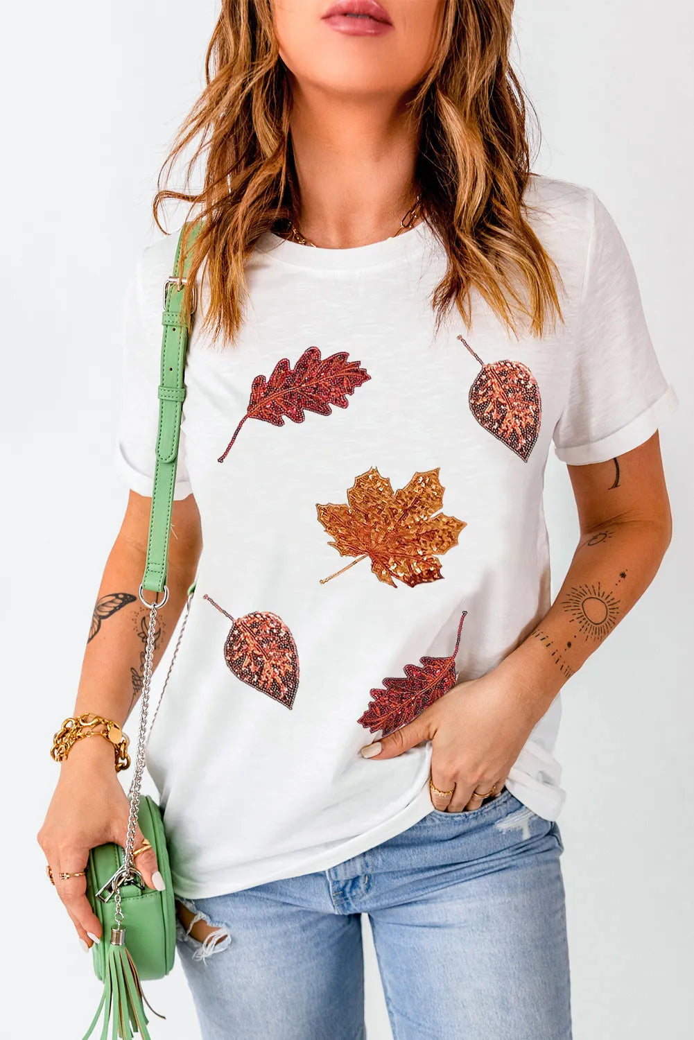 Maple Leaf Round Neck Short Sleeve T-Shirt - Lojy Shop