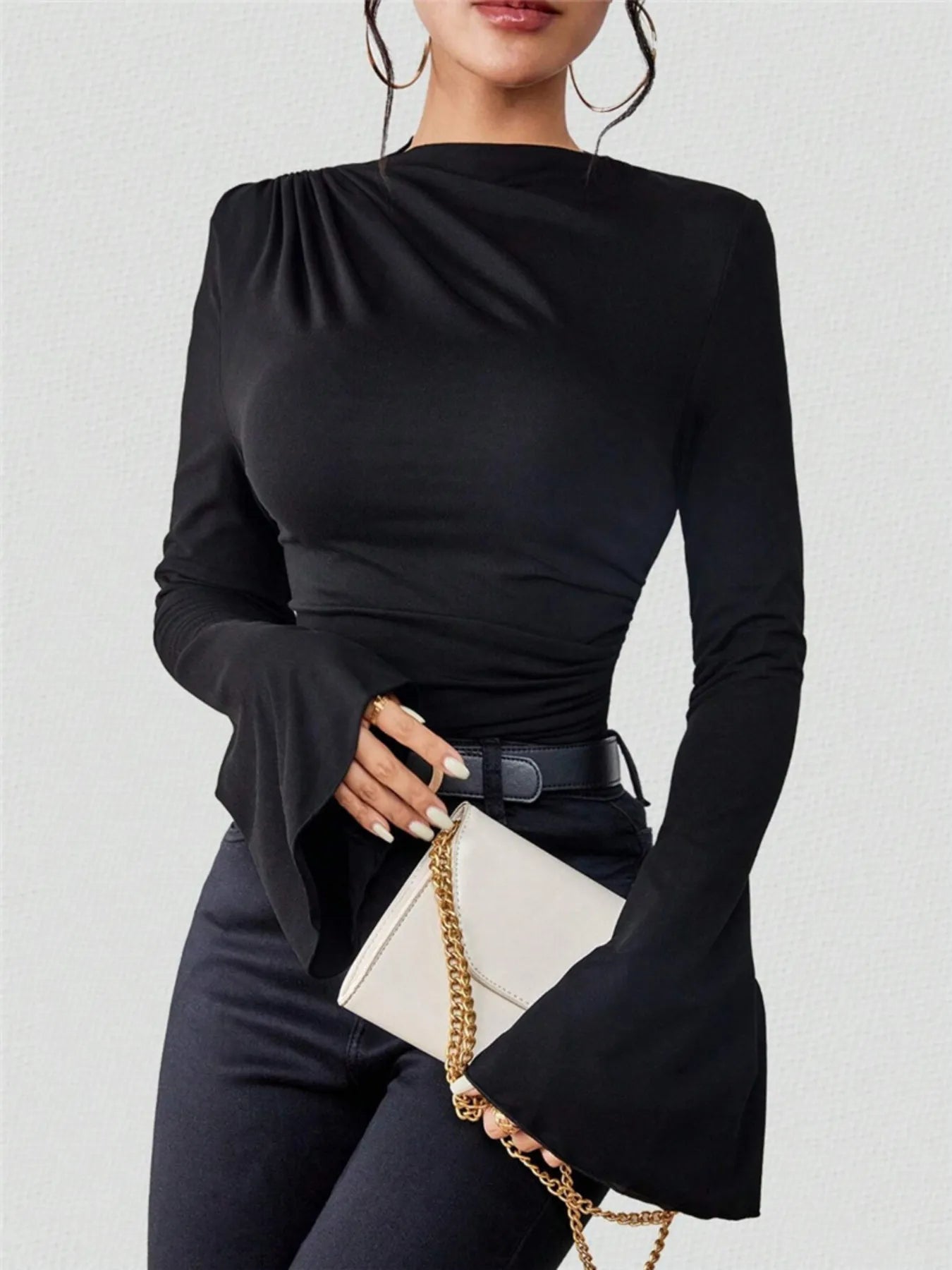 Bell Sleeve Ruched Fitted T-Shirt with Mock Neck