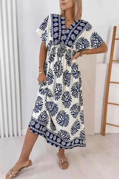 Floral Print Contrast Patchwork V Neck Dolman Dress