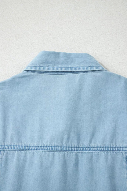 Full Buttons Collared Short Bubble Sleeve Long Denim Dress