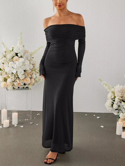 Off-Shoulder Ruched Long Sleeve Maxi Dress