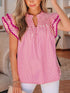 Stripe Shirred Yoke Ruffled Short Sleeve Blouse