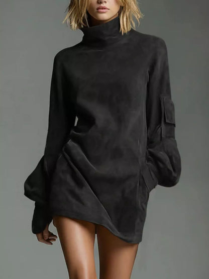 Full Size Suede Turtleneck Lantern Sleeve Mini Dress Plus Size