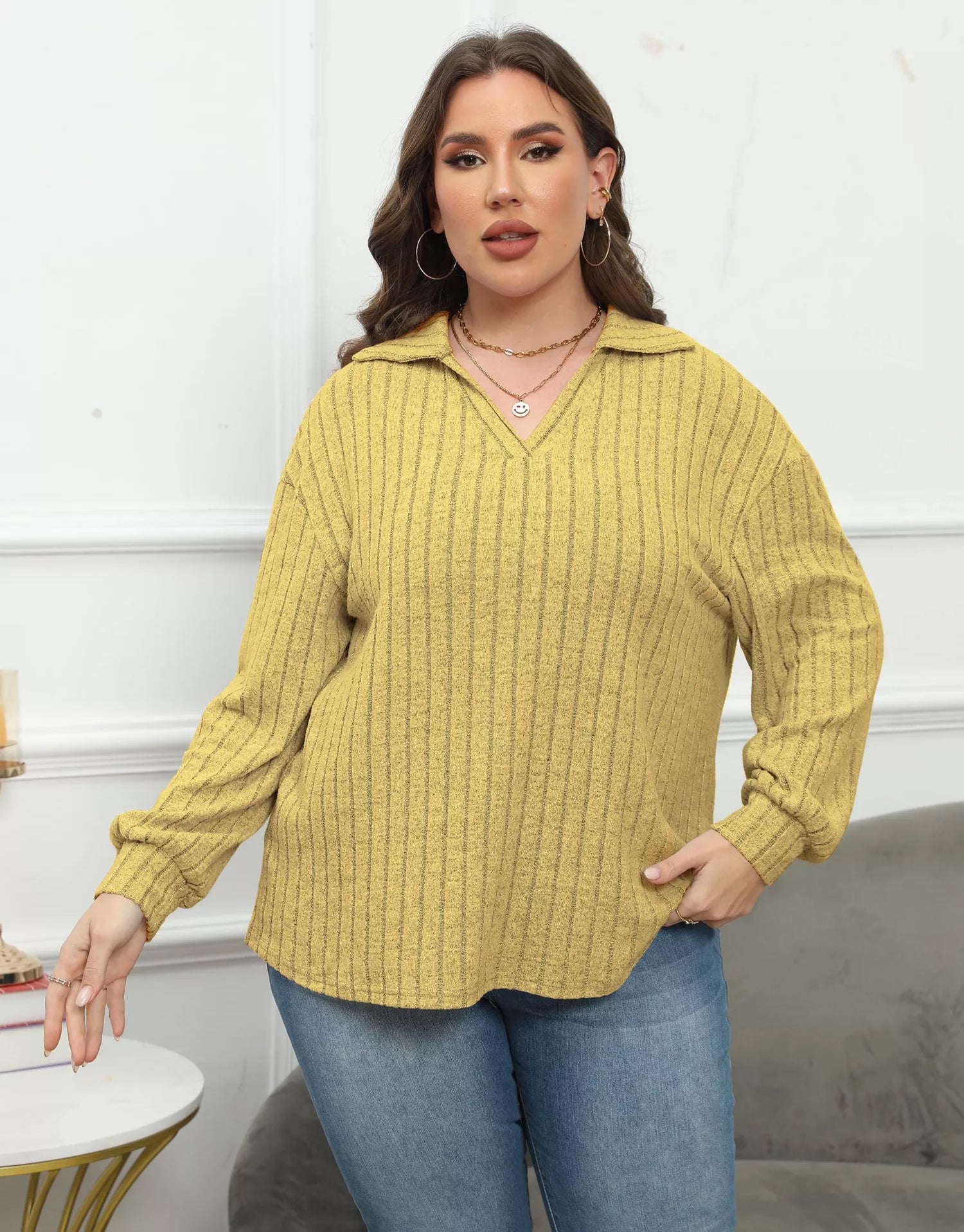 Plus Size Ribbed Knit Polo Collar T-Shirt