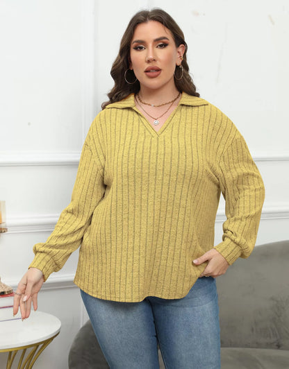 Plus Size Ribbed Knit Polo Collar T-Shirt