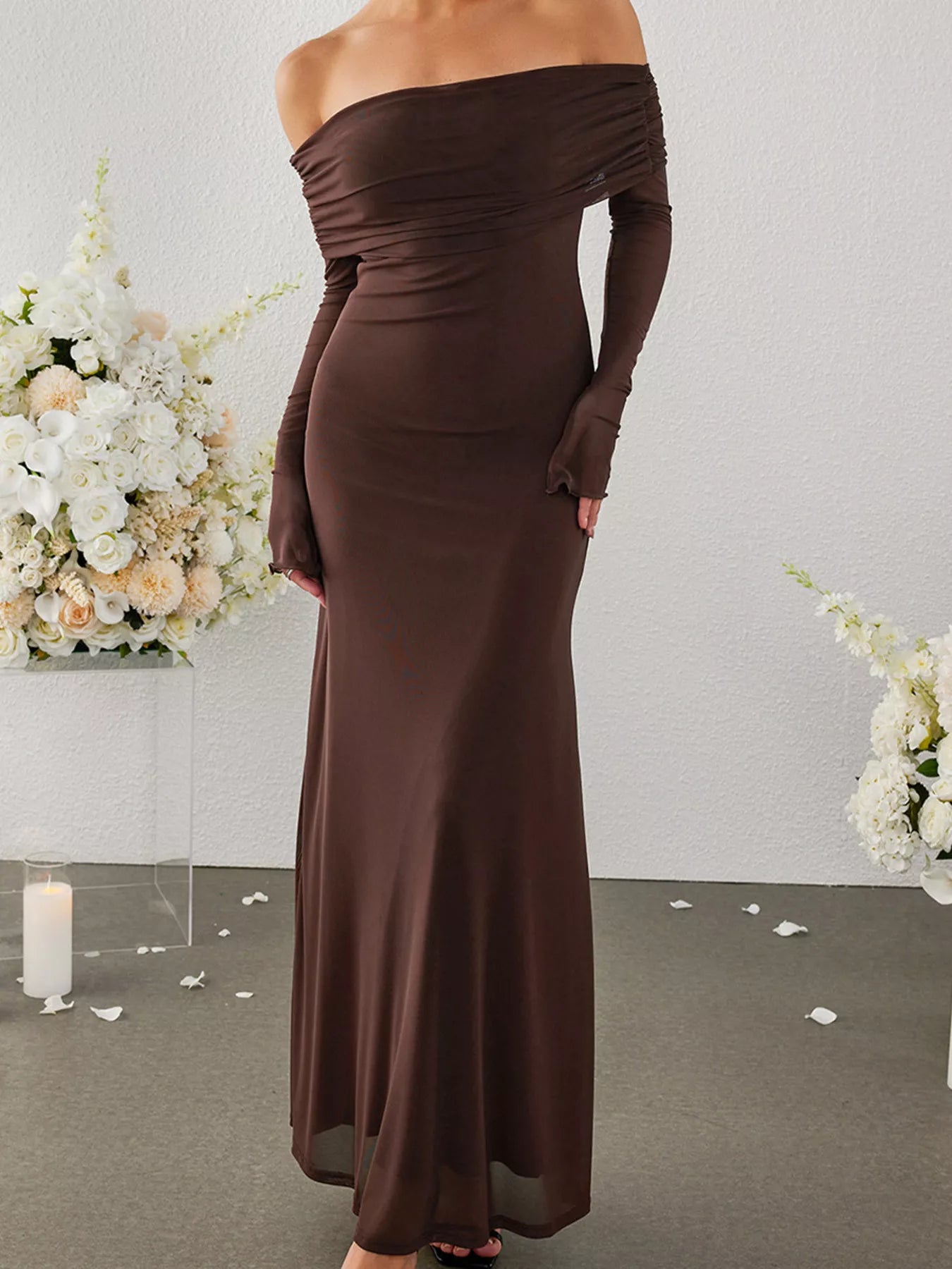 Off-Shoulder Ruched Long Sleeve Maxi Dress