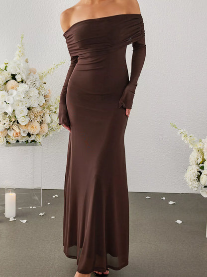 Off-Shoulder Ruched Long Sleeve Maxi Dress