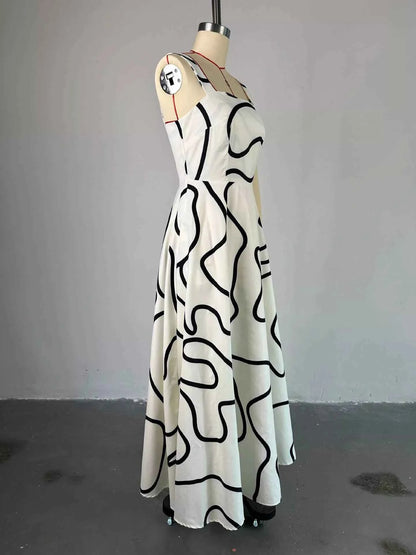 Abstract Print Square Neck Midi Dress