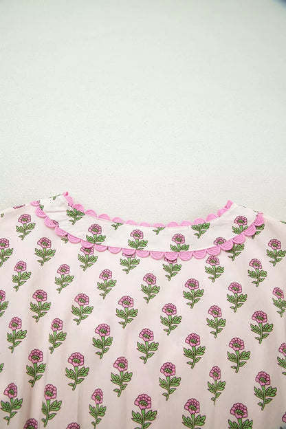 Floral Print V Neck Scallop Trim Button Front Short Sleeve Dress