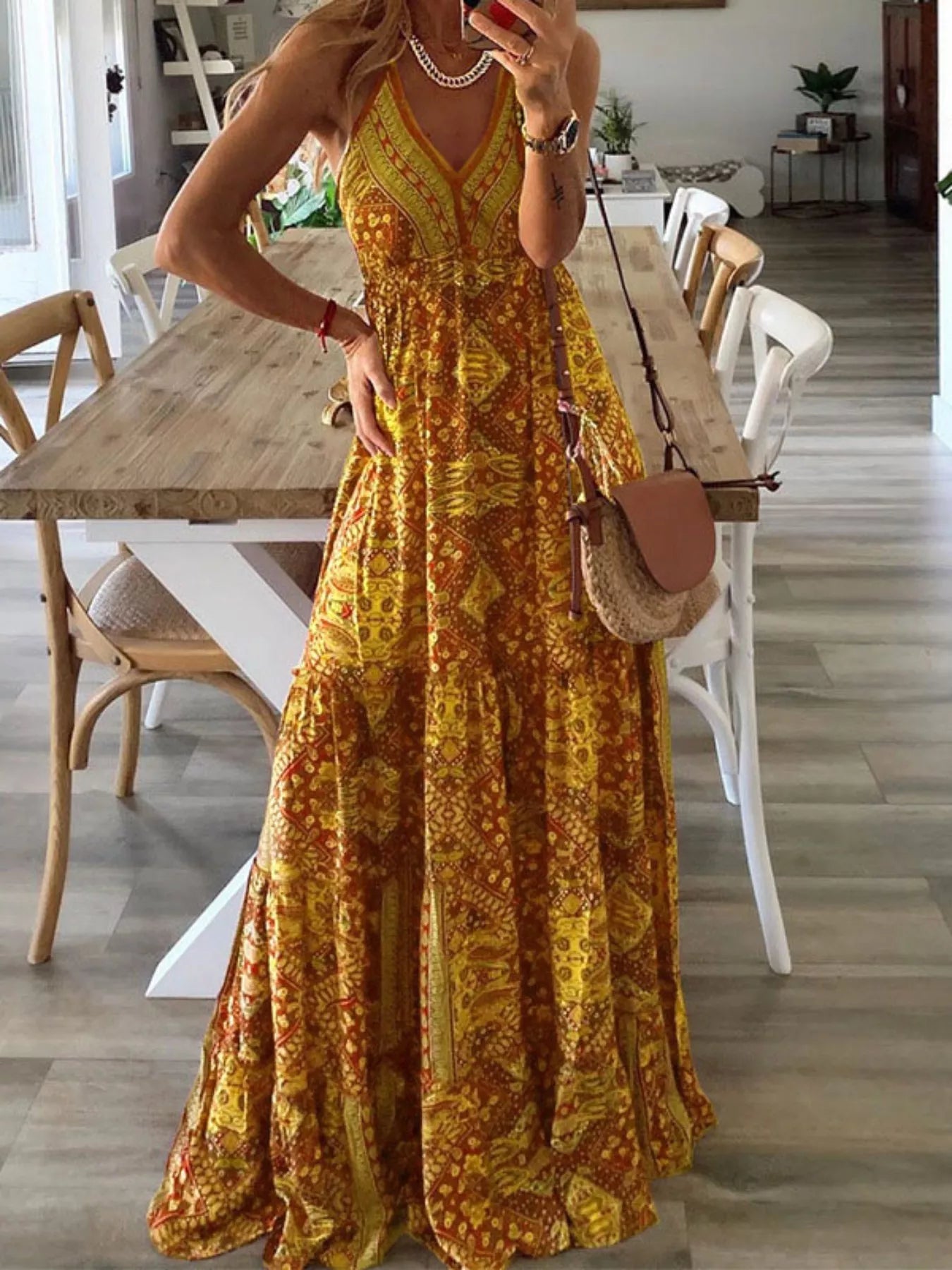 Printed V-Neck Maxi Dress