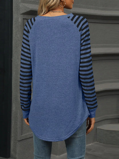 Striped Round Neck Raglan Sleeve T-Shirt
