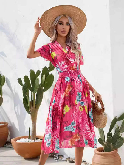 Pleated Tropical Print Belted Midi Dress