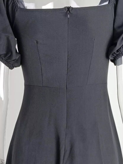 Puff Sleeve Tie Front Slit Midi Dress