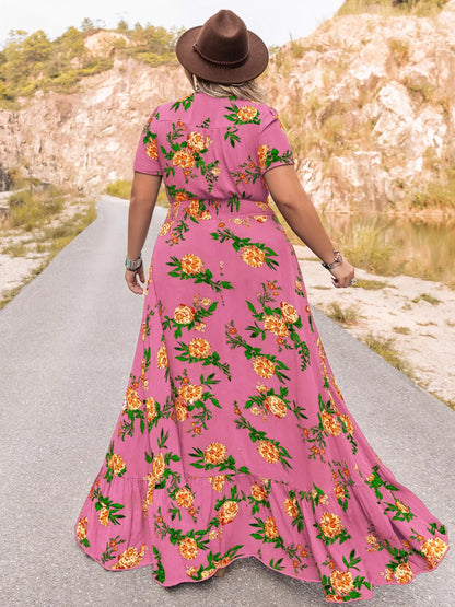 Plus Size Floral V-Neck Short Sleeve Maxi Dress