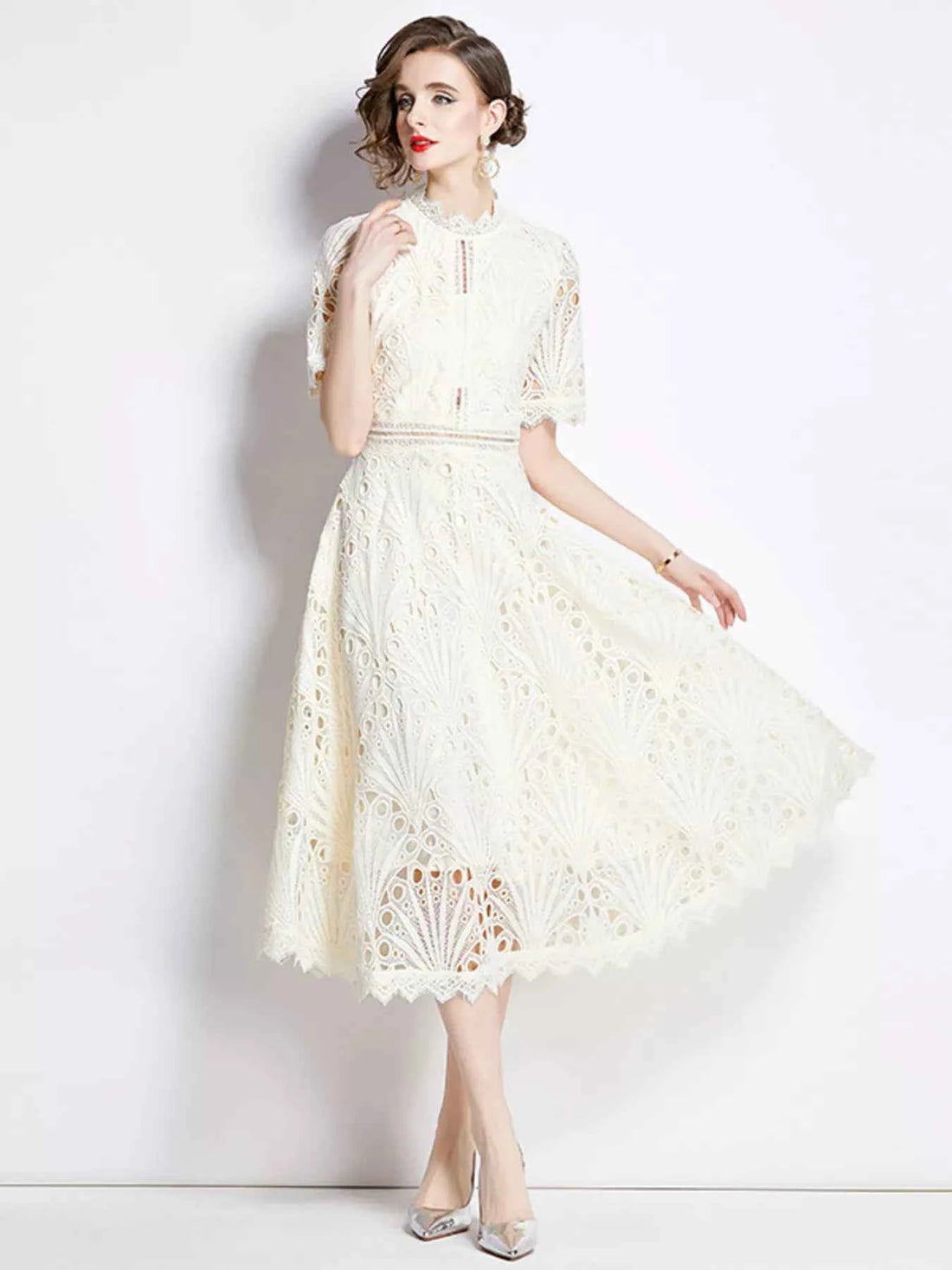 Full Size Lace Short Sleeve Midi Dress Plus Size