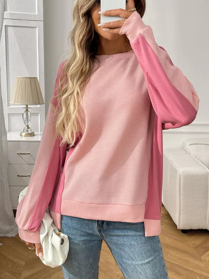 Color Block Waffle Knit Long Sleeve T-Shirt