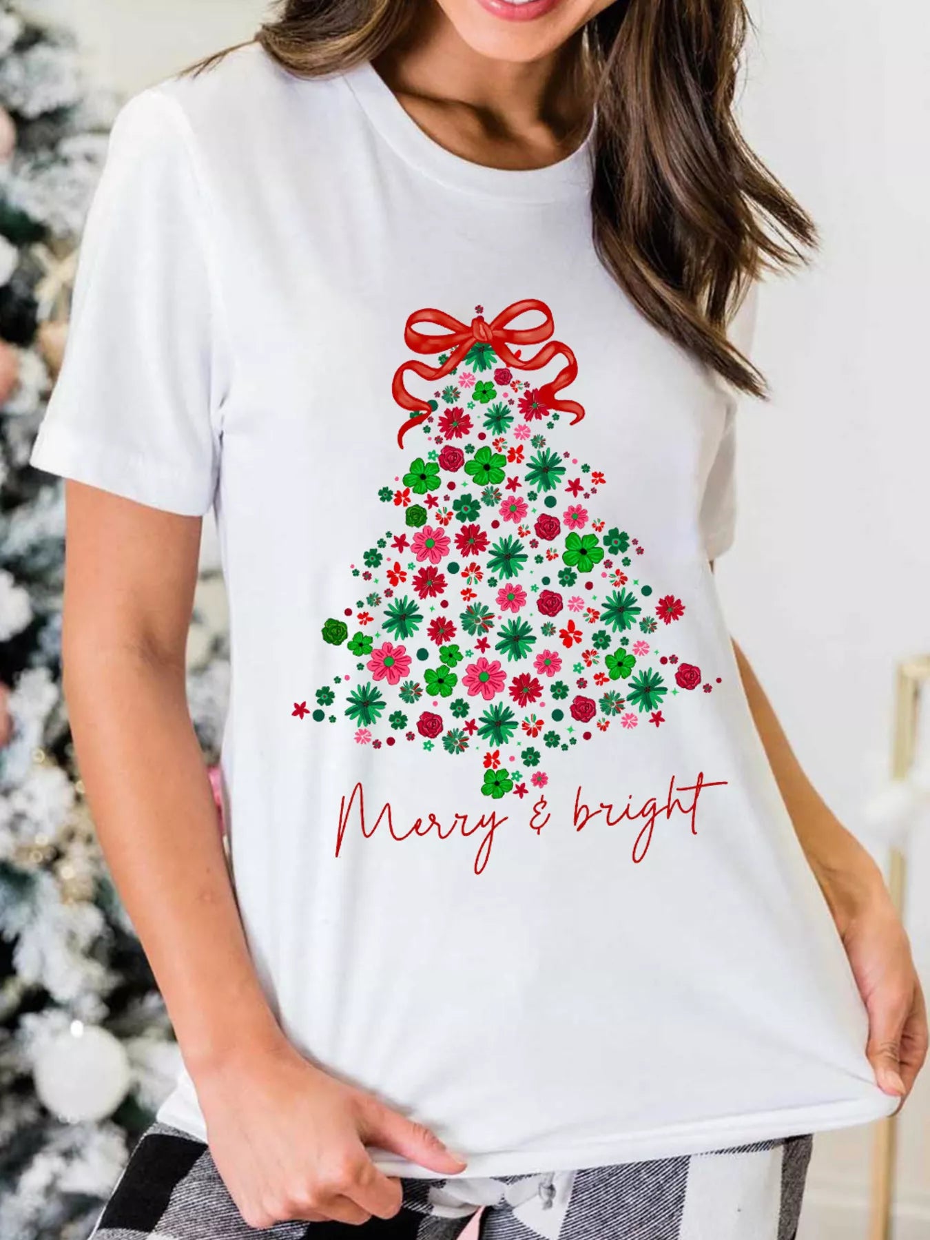 Merry &amp; Bright Floral Christmas Tree Graphic T Shirt